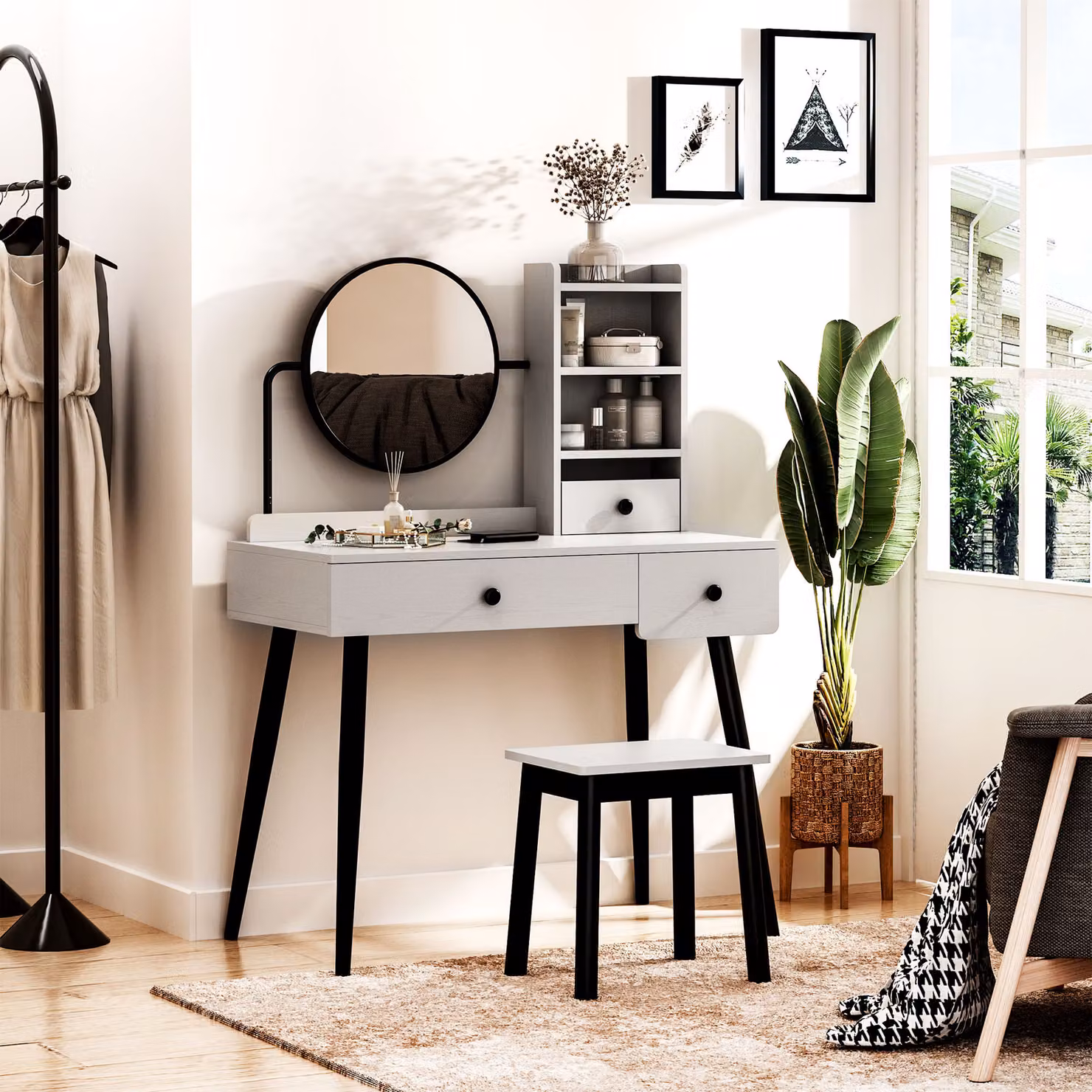 HOMCOM Grey Dressing Table Set with Mirror, Stool, 3 Drawers and Open Shelves – 2