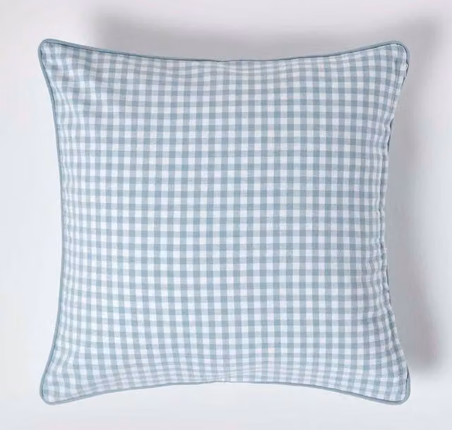 Homescapes Blue Checked Cotton and Linen Rectangular Cushion Cover W/D/H: 30 x 30 x 50 cm