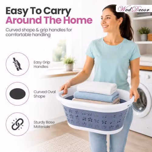 Neel Blue Collapsible Oval Laundry Basket with Handles, 16L, Grey and Blue – 3