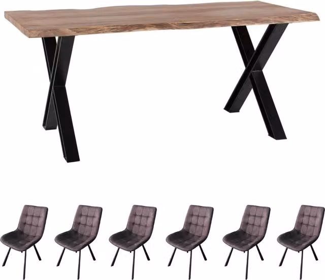 IH Design Live Edge Acacia Wood and Metal Rectangular Dining Table and 6 Chairs Set in Brown, Grey and Black