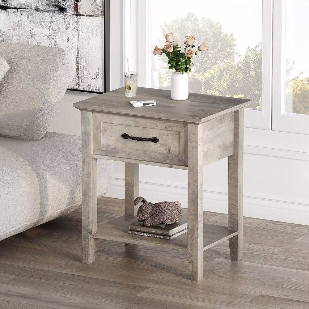 London Boutique Modern Grey Bedside Table with Drawer and Shelf – 4