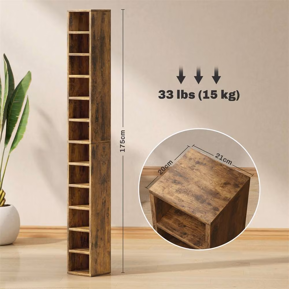 EONLION Rustic Brown Wood CD Storage Unit with Media Compartments, Width: 100 cm – 2