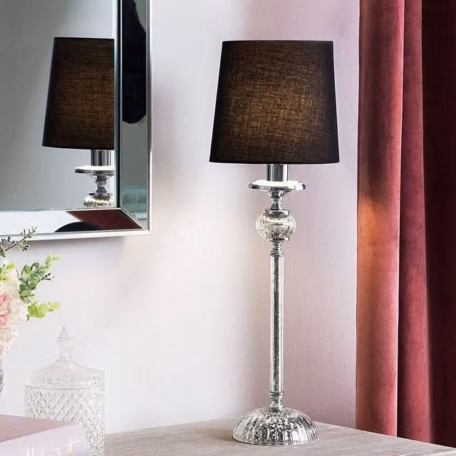 Wyld and Coco Table Lamp with Silver Carved Metal Base, Black Empire Shade and Glass Accents