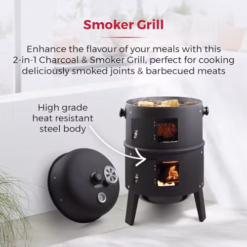 Tower 2-In-1 Tabletop Charcoal Smoker and Grill with Temperature Gauge and Airflow Vent, Black – 2