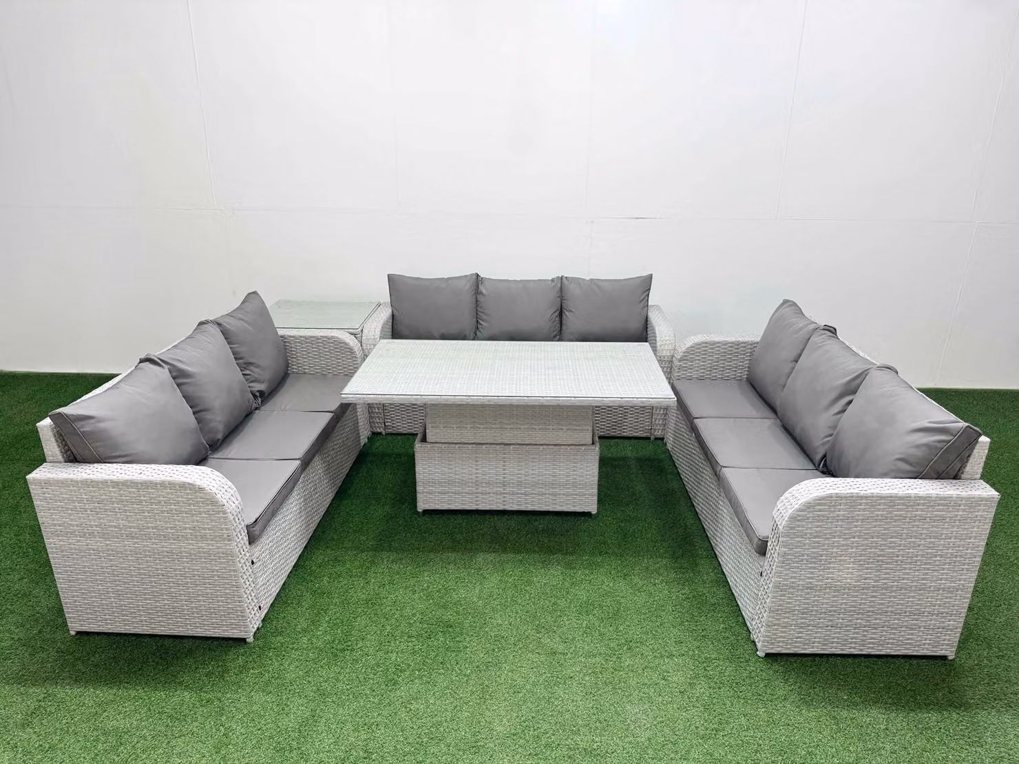 Fimous 9 Seater Grey PE Rattan Outdoor Garden Furniture Set with Adjustable Lifting Dining or Coffee Table and Upholstered Cushions – 2
