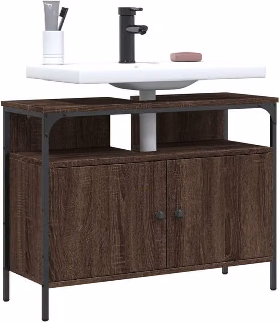 Berkfield Home Wall Mounted Bathroom Sink Cabinet in Brown Oak, W: 80 cm, D: 30 cm, H: 60 cm – 1