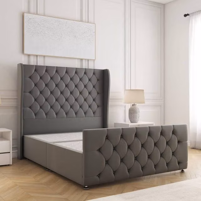 BSSPOKE Anna Double Divan Bed in Grey Plush Velvet with 54 inch Headboard