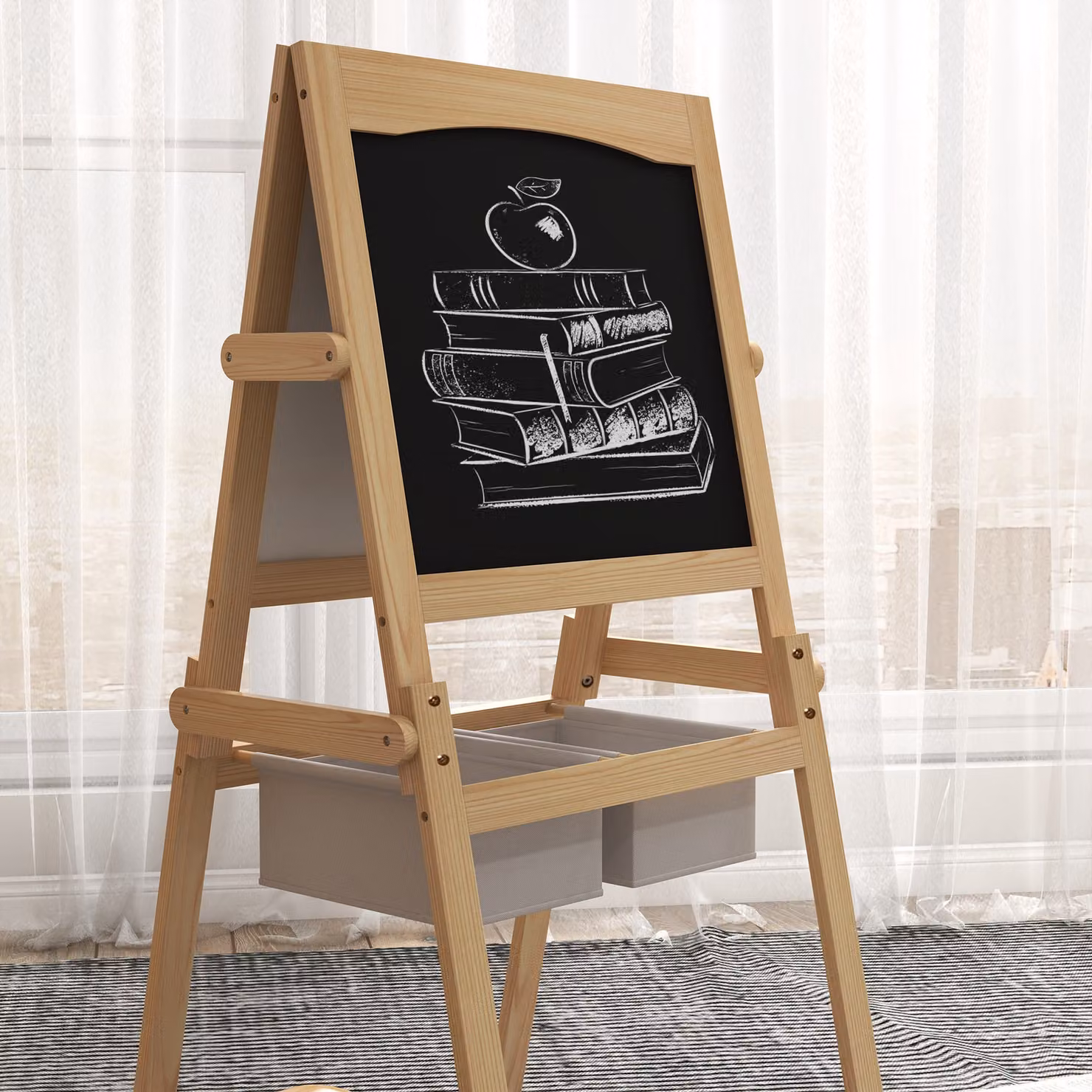AIYAPLAY 3 in 1 Kids Art Easel with Paper Roll, Double-Sided Whiteboard and Blackboard with Storage Baskets, White – 4
