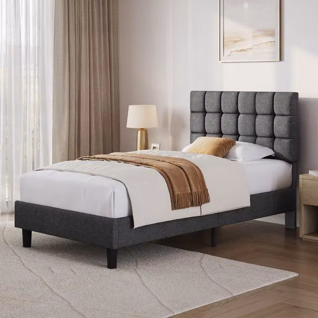 Yaheetech Modern Upholstered Single Bed Frame with Square Tufted Headboard in Dark Grey