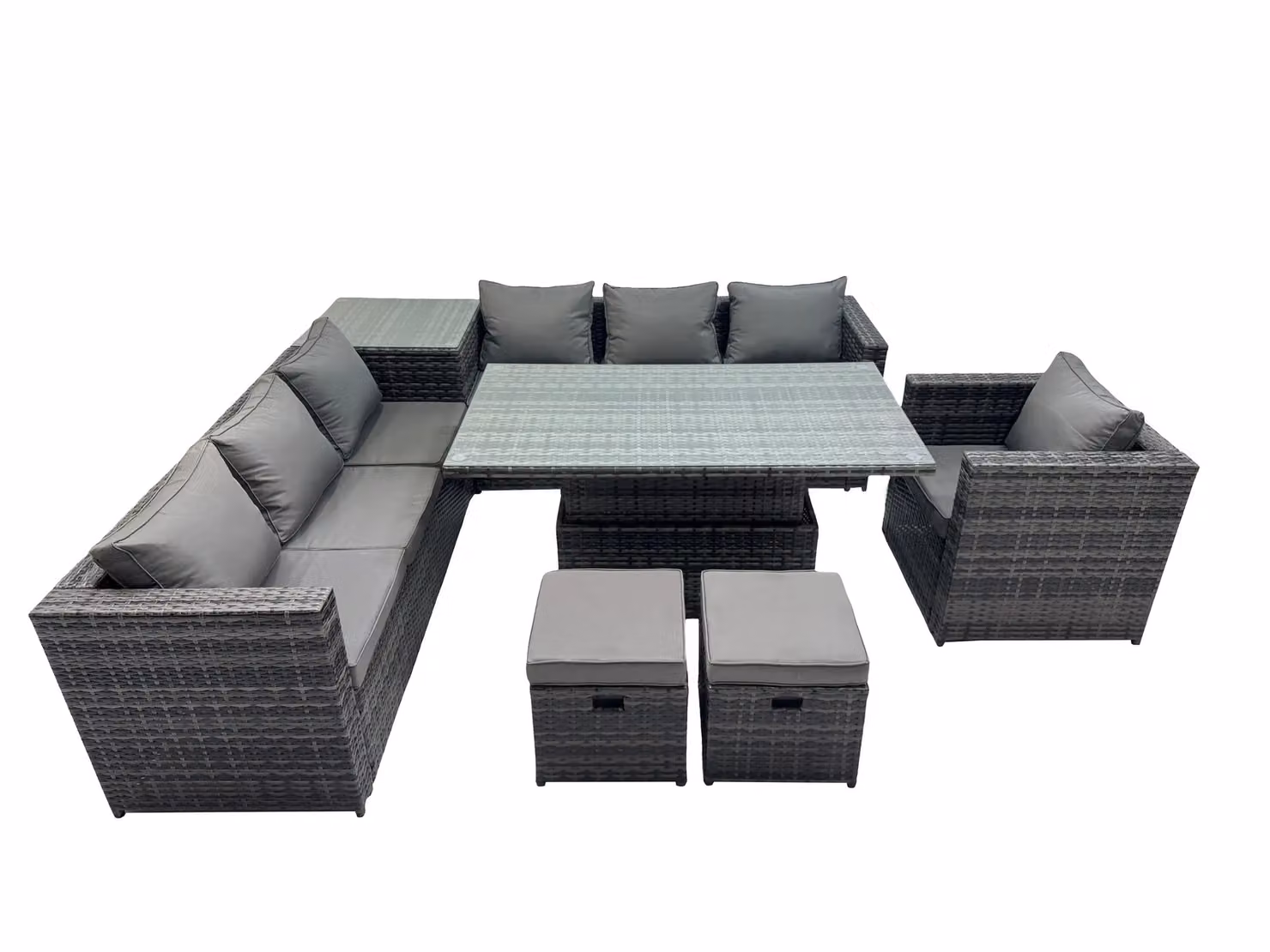 Fimous 9 Seater PE Rattan Corner Sofa Set with Height Adjustable Dining Table and Coffee Table in Dark Grey – 2