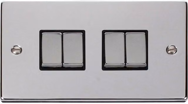 SE Home 4 Gang 2 Way Ingot Light Switch in Polished Chrome and Metallic Silver
