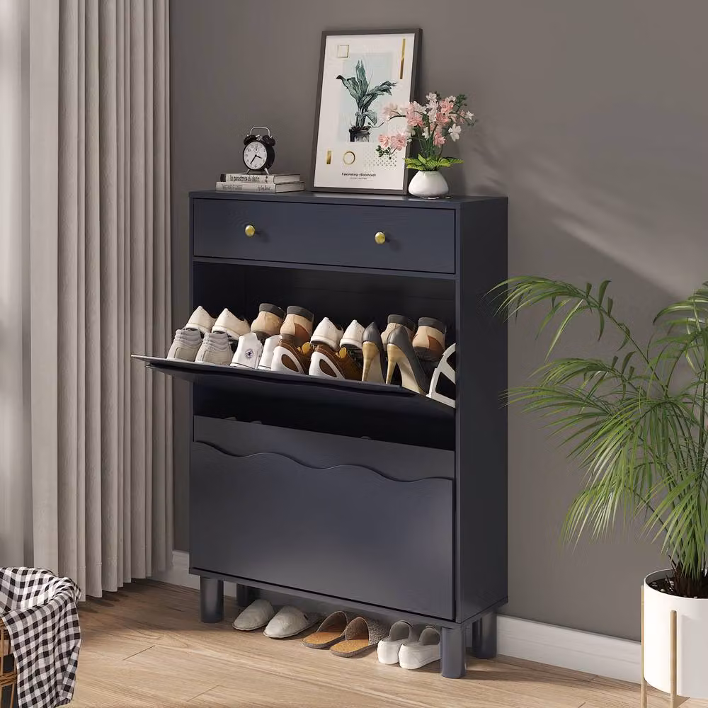 KEEPREAPER Modern Blue Shoe Cabinet with 2 Tilting Compartments and 1 Pull-Out Drawer – 2