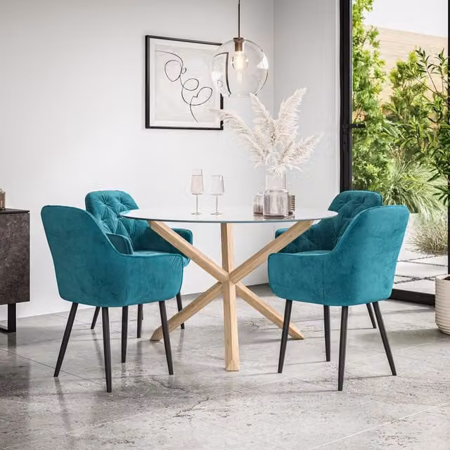 More4Homes Malvern Round Dining Table and Anika Blue Velvet Chair Set, featuring a Clear Glass Top and Solid Oak Legs, Diameter: 120 cm, Height: 75 cm – 1