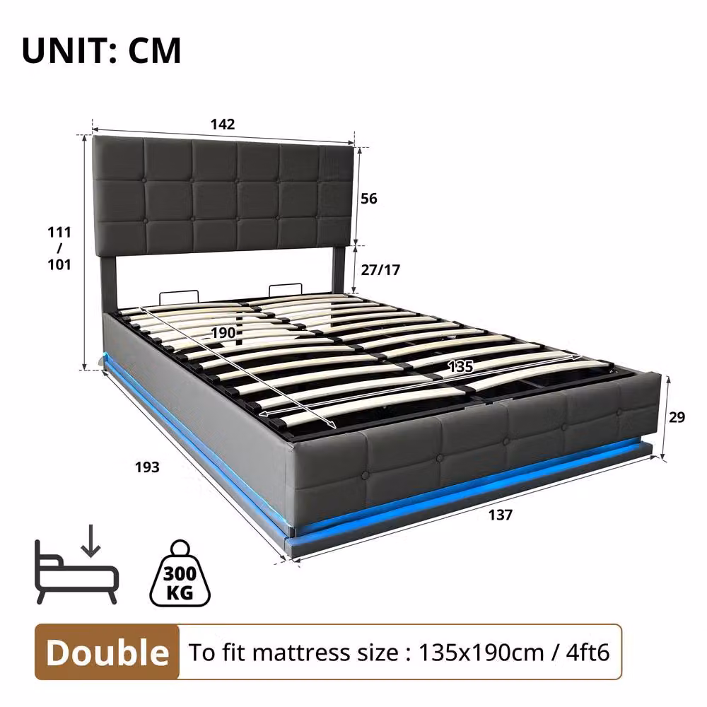 Matteo Grey Double Ottoman Bed Frame with LED Under-Bed Lighting and Hydraulic Storage – 5