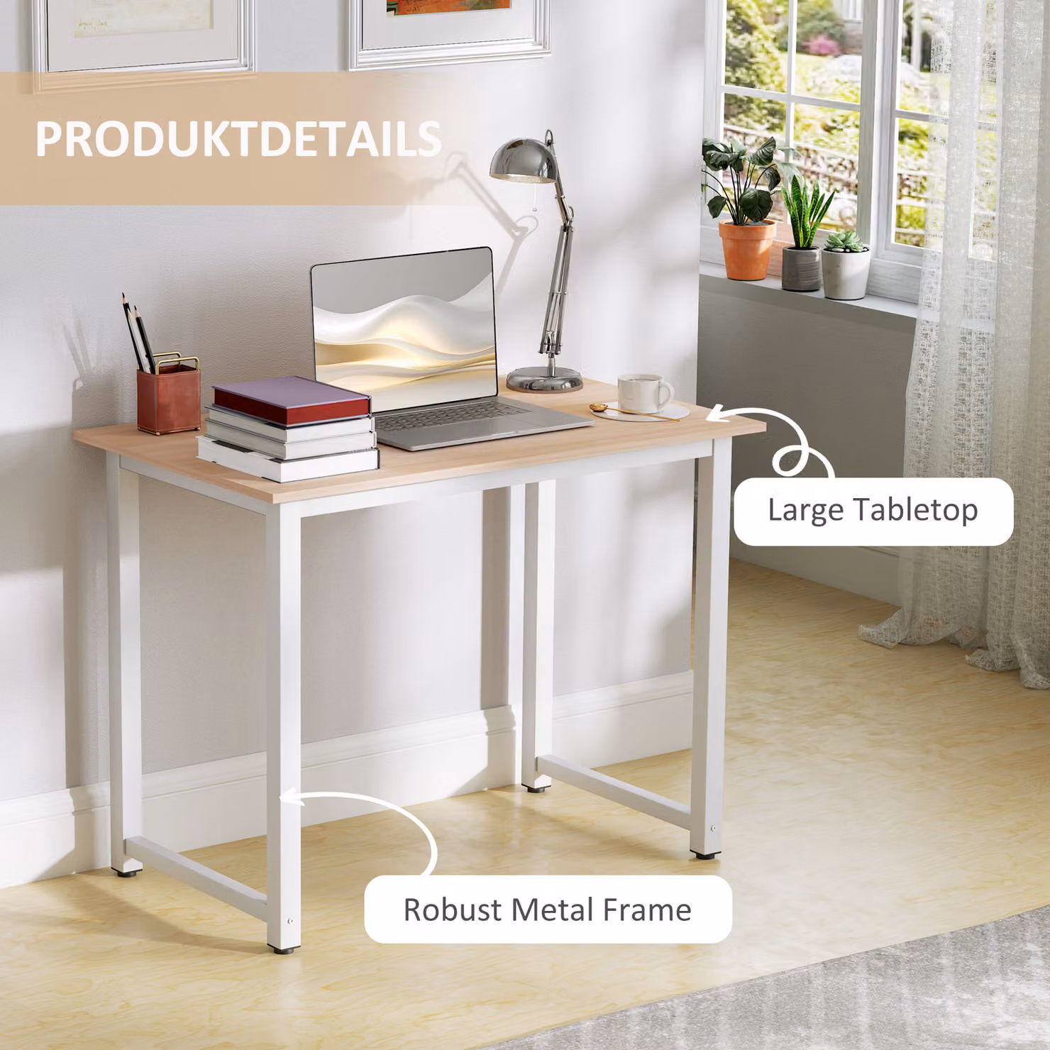 HOMCOM White Computer Desk and Writing Table with Metal Frame, W: 100 cm, D: 60 cm, H: 76 cm – 3