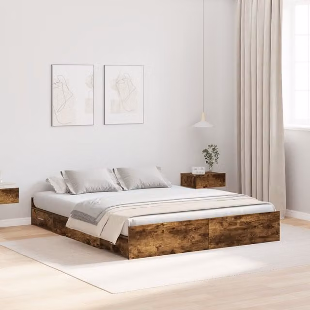Berkfield Home Storage Bed Frame with Headboard and Drawers in Smoked Oak Brown, W/D/H: 150 x 200 cm