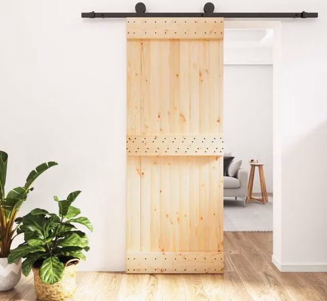 Berkfield Home Rustic Sliding Door with Hardware Set, Solid Wood and Steel, Brown, W: 80 cm, H: 210 cm