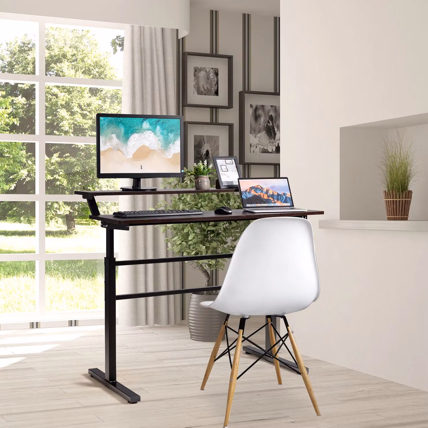 Costway 2-Tier Ergonomic Sit to Stand Computer Desk with Manual Crank Height Adjustment in Brown – 4