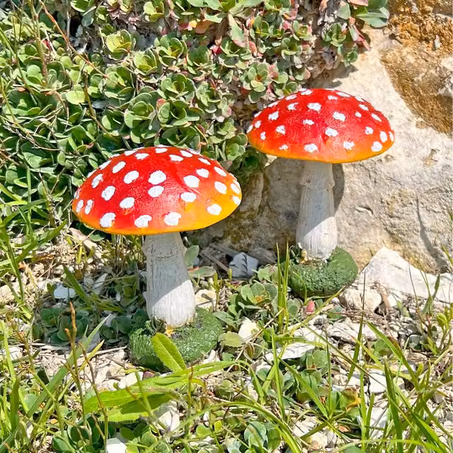 Farmwood Pair of Red Dotted Garden Mushroom Ornaments in Resin