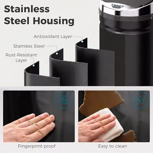 HOMCOM 42L Sensor Bin in Black Stainless Steel with Soft-Close and Fingerprint-Proof Lid, W/D/H: 30.5 x 30.5 x 68 cm – 5