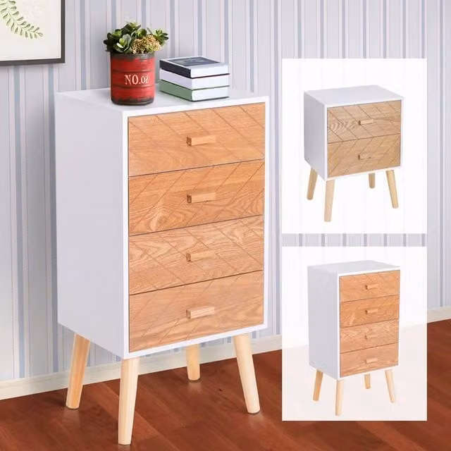 FORGEVIO Scandinavian Style Wooden Bedside Table with Drawers in White and Multicolour