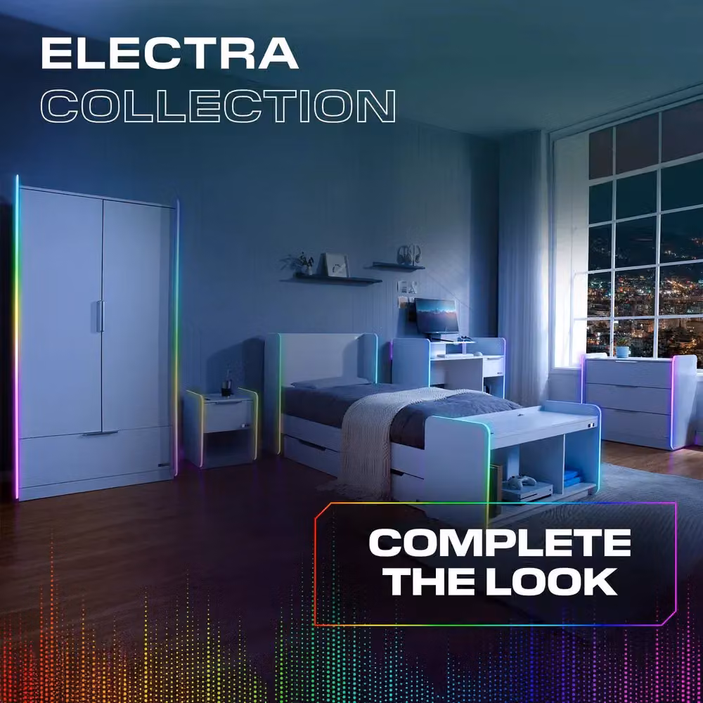 X Rocker Electra 2 Door Wardrobe with Drawer and Shelf in White Glossy Finish with Integrated LED Lighting – 6