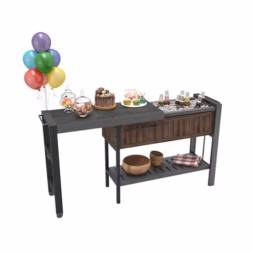 Keter Extendable Party Table in Rosewood, Multifunctional Outdoor and Indoor Serving Station with Slide-Out Shelves, Drinks Cooler, Storage Drawer and Castors – 1