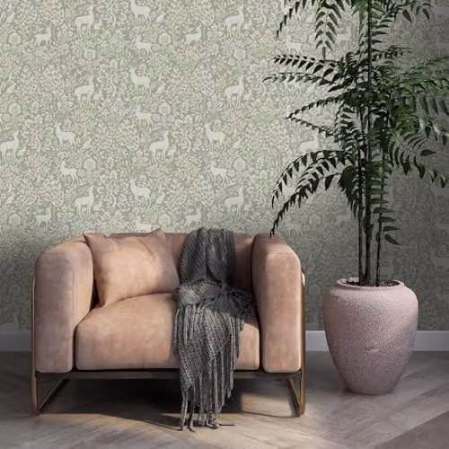 Holden Decor Deer and Woodland Themed Arts and Crafts Style Wallpaper in Sage Green – 2