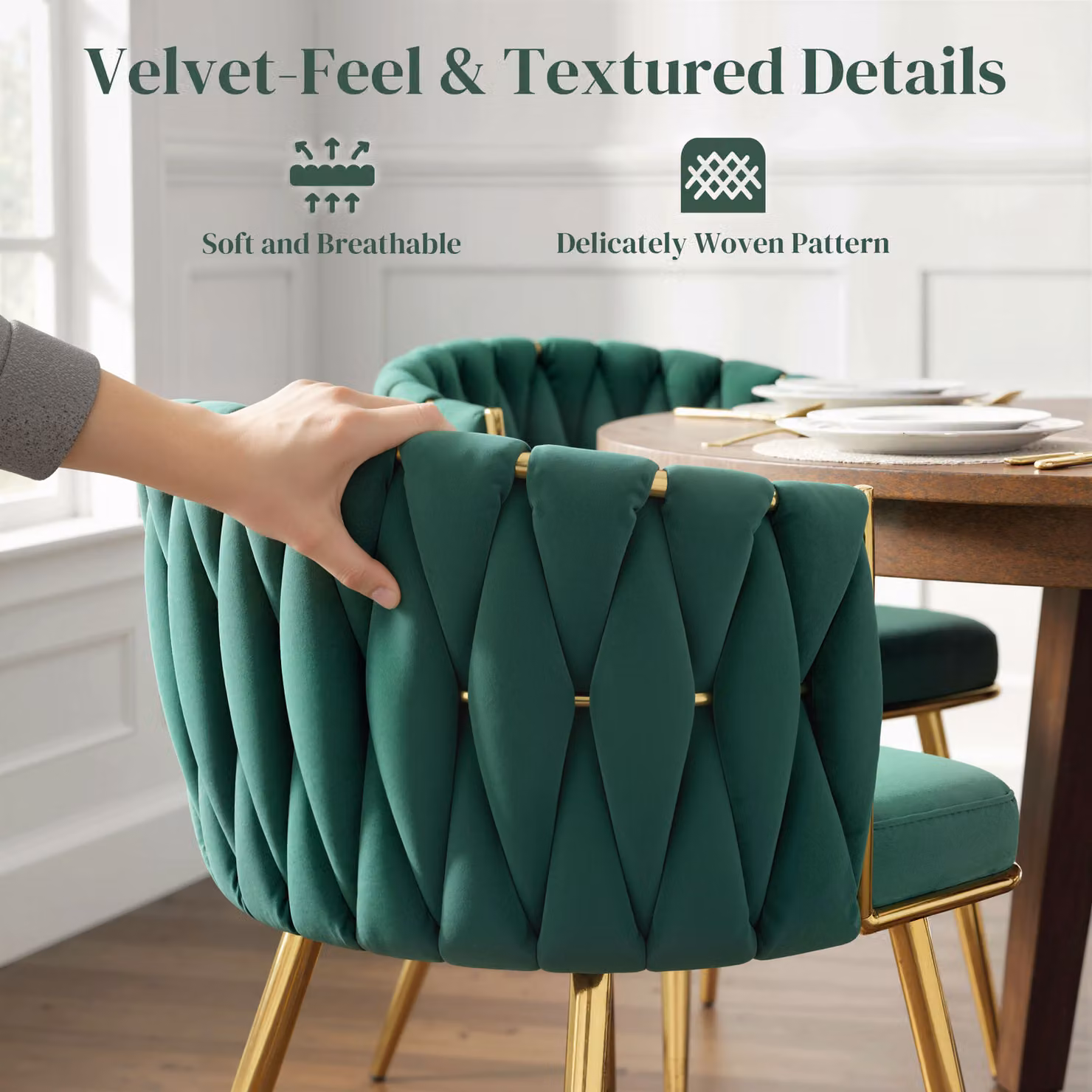 HOMCOM Set of 2 Modern Velvet Dining Chairs with Armrests and Metal Legs, Dark Green and Gold – 4