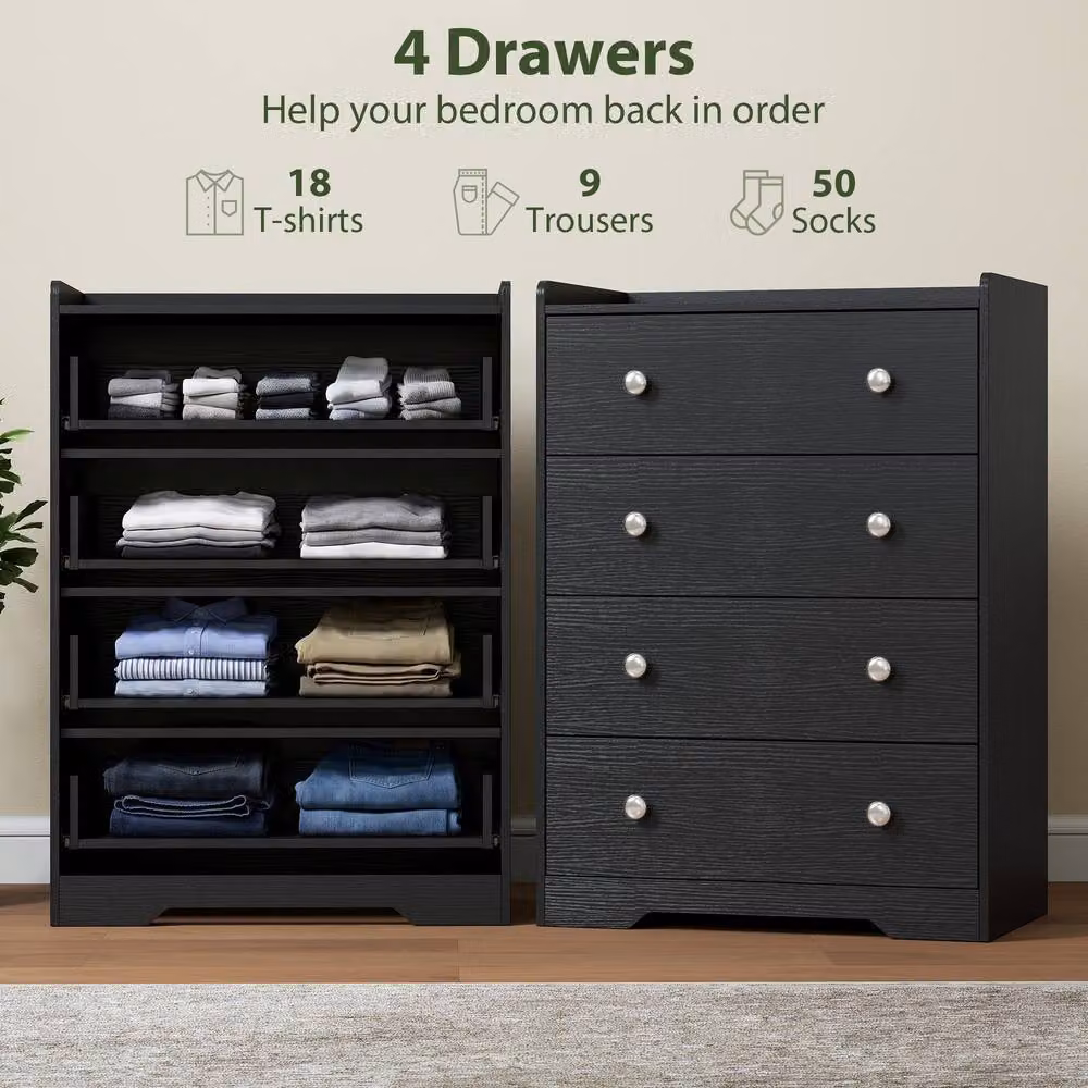 STILVORA 4 Drawer Chest of Drawers in Black with Matt Melamine Finish – 4