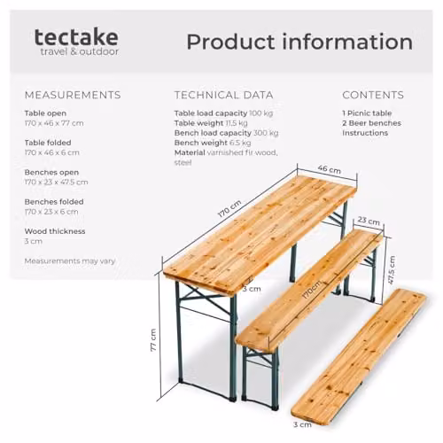 tectake Sissi 3-Piece Picnic Table and Benches Set in Brown Rustic Wood and Powder Coated Steel for 8 Adults – 6
