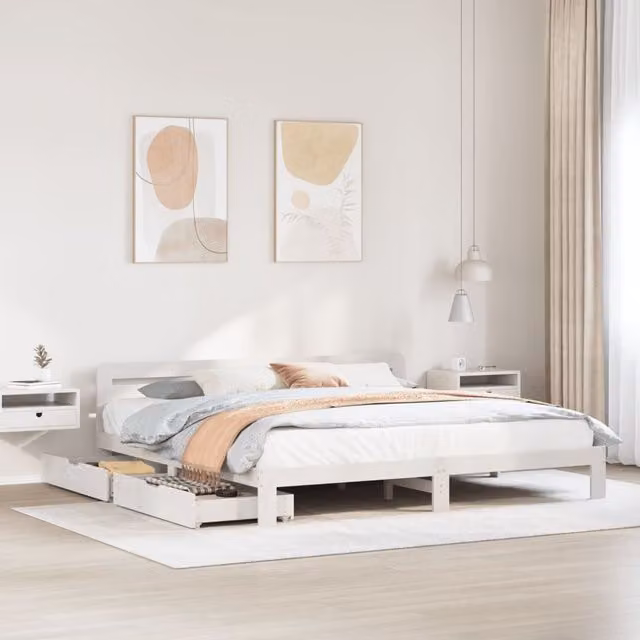 Berkfield Home White Solid Wood Pine Bed Frame with Drawers 200 x 200 cm