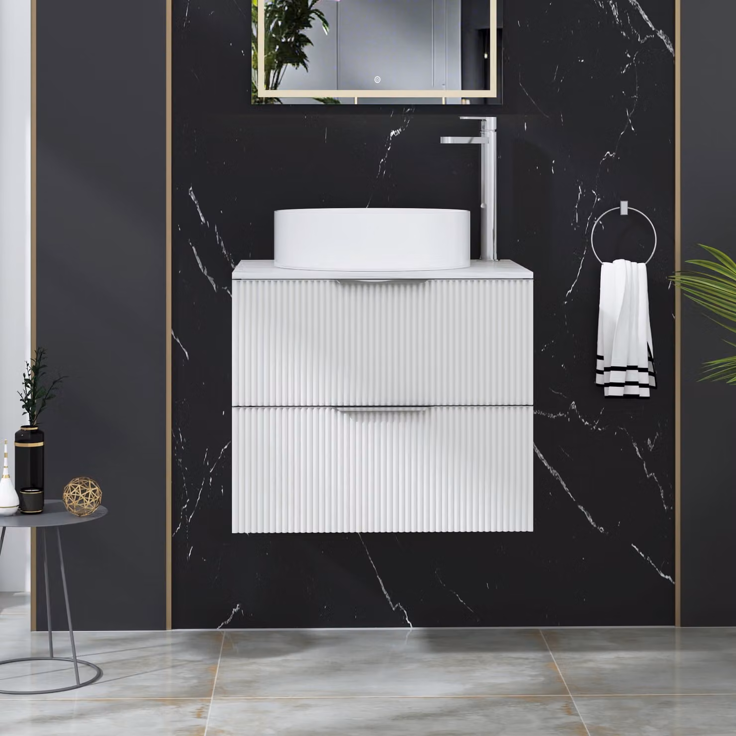 Royal Bathrooms Evora 600mm Matt White Fluted Wall Hung 2 Drawer Vanity Unit with Art Basin