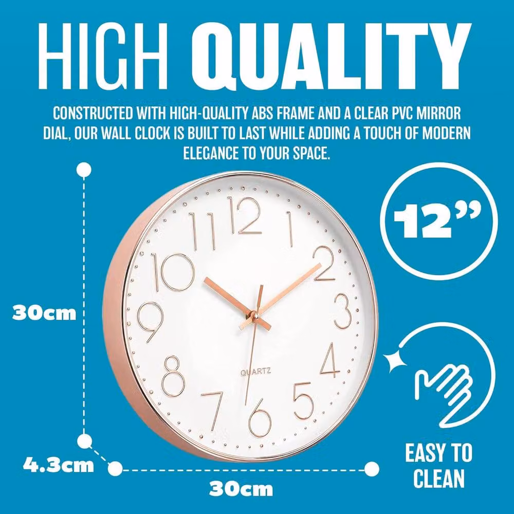 BARGAINS-GALORE Modern Rose Gold and White Silent Quartz Wall Clock, Diameter: 30.48 cm – 3