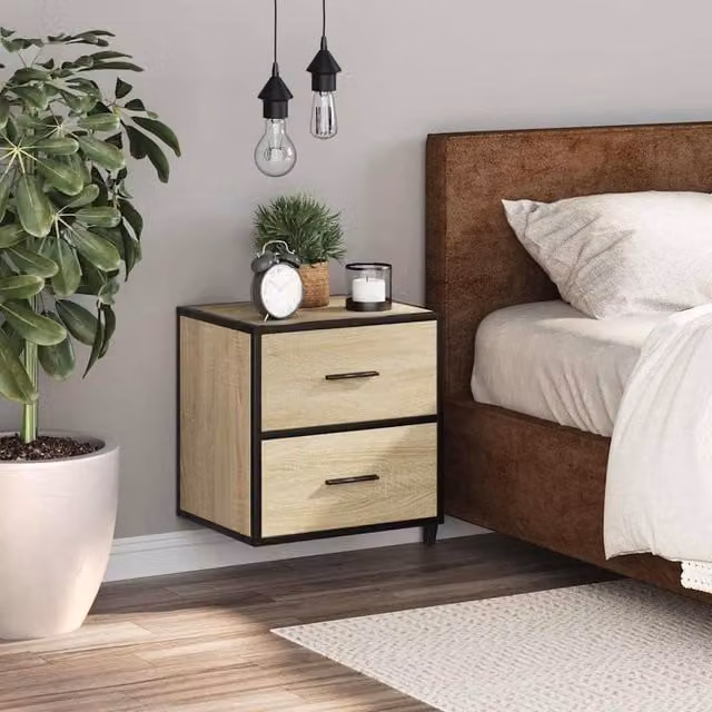 Berkfield Home Wall-mounted Bedside Cabinet in Sonoma Oak and Beige, W: 40 cm, D: 31 cm, H: 39.5 cm