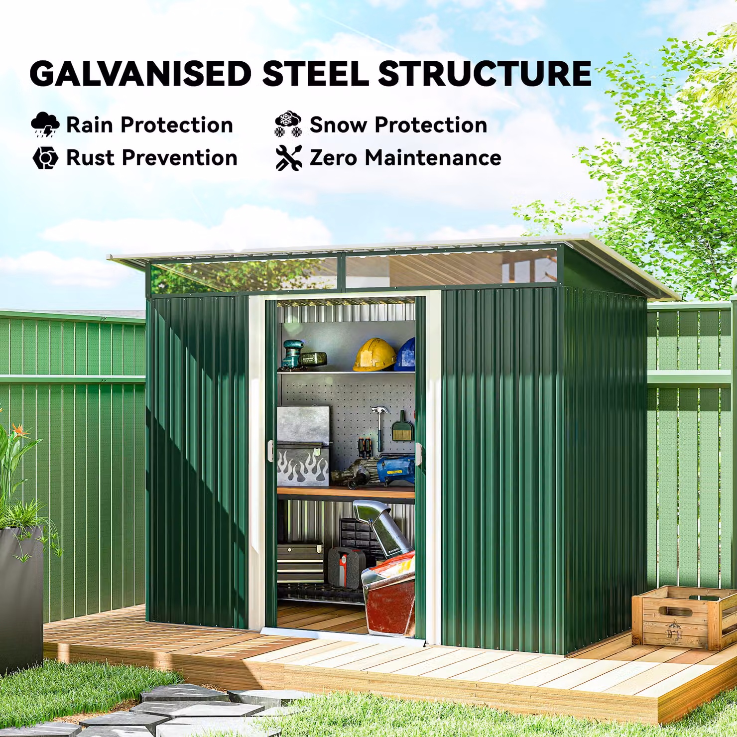 Outsunny Green Metal and Plastic Pent Roof Garden Shed with Ventilation, W: 133 cm, H: 200 cm – 4