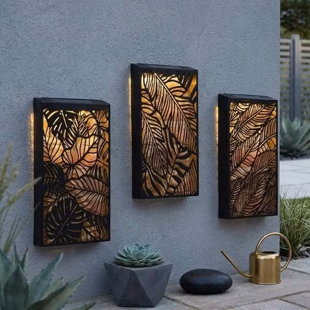Garden Greatness Trio Leaves Solar Panel Wall Art Light in Multicolour and Black