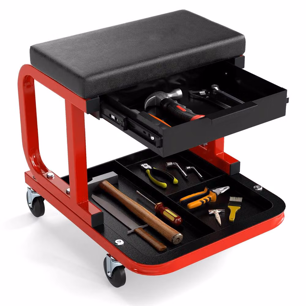 Costway Rolling Creeper Seat Padded Mechanic Stool with Drawer in Red and Multicolour – 3