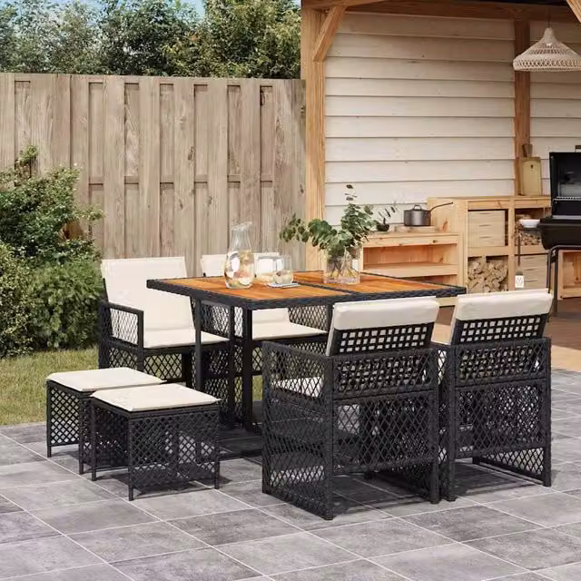 Berkfield Home 9 Piece Black Poly Rattan Garden Dining Set with Acacia Wood Accents