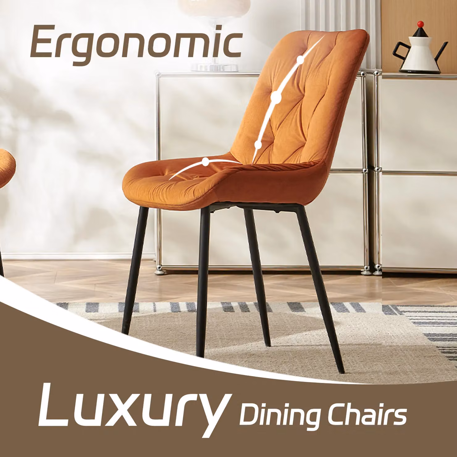 SONARA Modern Set of 4 Orange Velvet Dining Chairs with Ergonomic Upholstered Seats and Metal Legs – 5