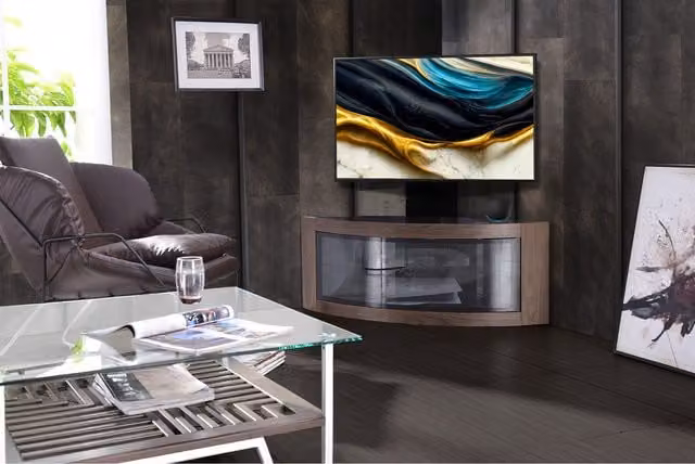 Centurion Supports Pangea Corner TV Stand with Mounting Arm in Black and Walnut