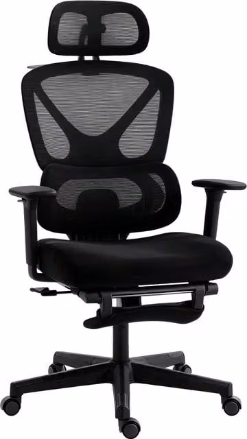 HOMCOM Ergonomic Black Fabric Mesh Office Chair with Rotatable Headrest and 3D Armrests – 1