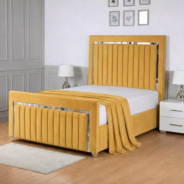 Living Comfort Bedz Chrome Edge Ottoman Gas Lift Storage Bed in Yellow Velvet with 48 Inch Headboard, Size: Small Double