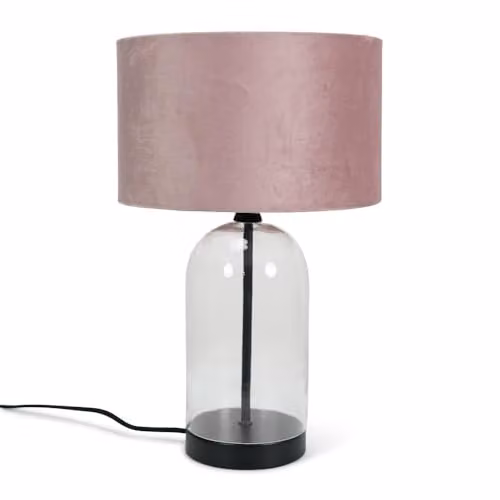 ValueLights Glass and Black Metal Bedside Table Lamp with Pink Velvet Lampshade and Warm White LED Bulb