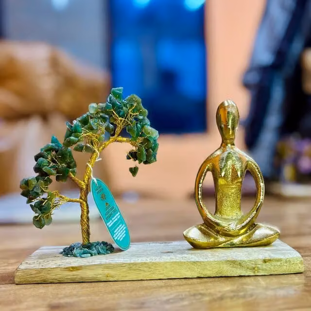 KDMK Green Aventurine Gemstone Yoga Garden Figurine with Tree Padmasana in Green and Gold