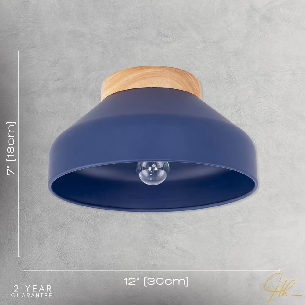 Happy Homewares Scandinavian Designed Semi Flush Ceiling Light Fitting in Blue and Wood, W/D/H: 30 x 30 x 18 cm – 4