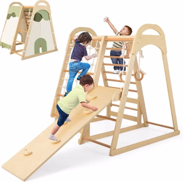 Costway Kids Wood Climbing Toy in Brown and Beige