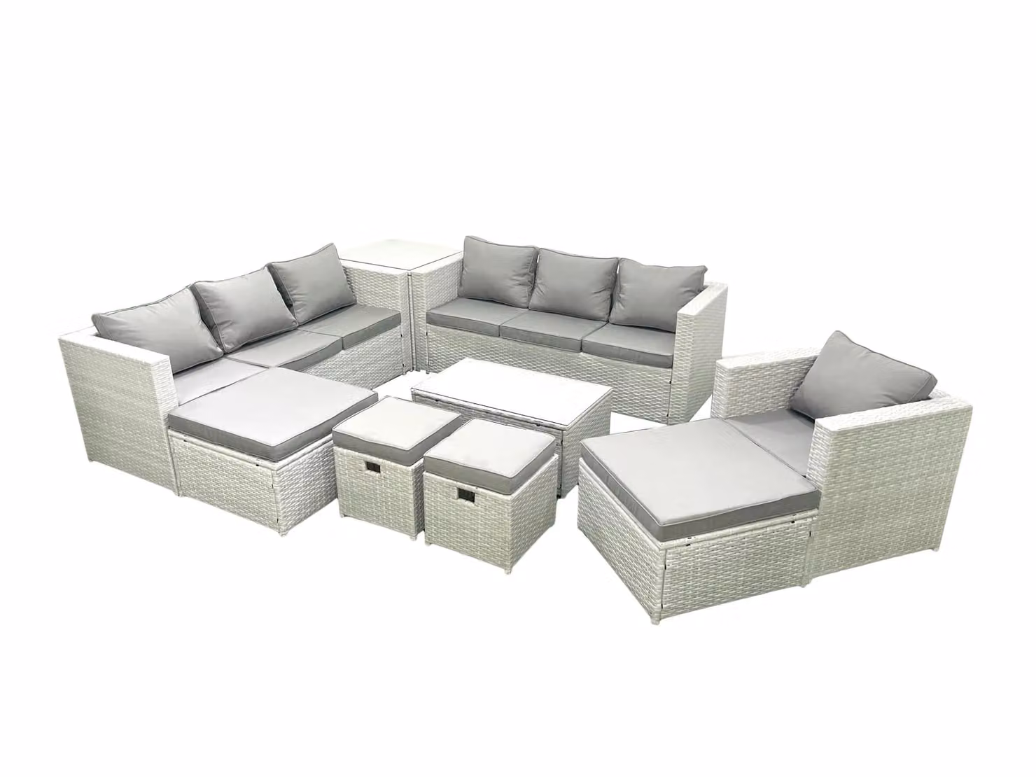 Fimous 9 Piece Rattan Garden Furniture Set in Light Grey with 2 Seater Sofa, Armchairs, Coffee Table and Footstools – 2