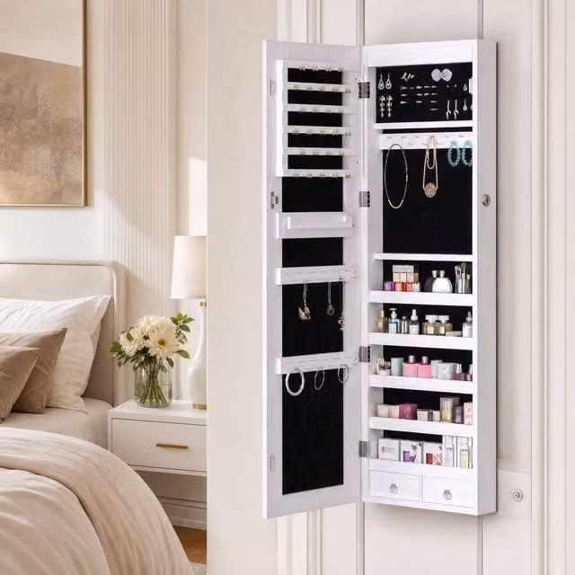 STILVORA White Wall Mounted Jewellery Cabinet with Mirror, LED Lighting and Lock – 1