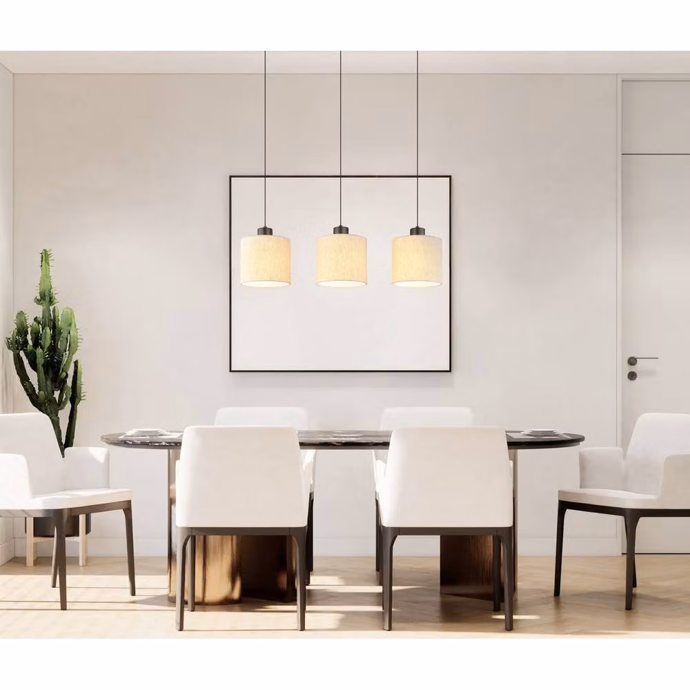 Netlighting Thea Bar Pendant Light with Beige Linen Shade and Matt Grey Metal Finish, LED 3000K Warm White, Height Adjustable – 3